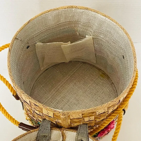 Vintage Mid Century Woven Straw Raffia Tropical Purse Beach Tote Picnic Basket - Picture 8 of 9